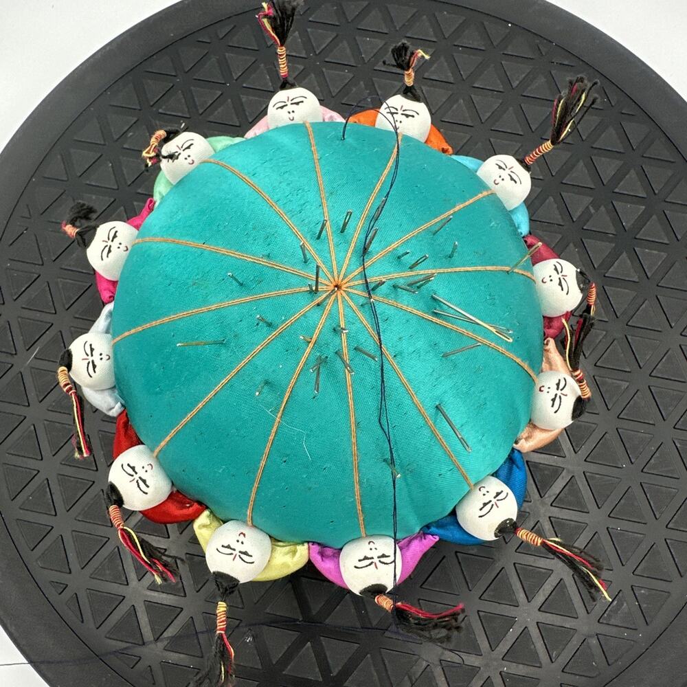 Vintage Lathe Teal Chinese Children Pin Cushion